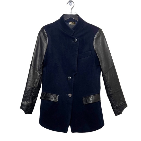 Veda Navy Genuine Leather Sleeve Color Blocked Women’s Wool Blazer Coat Sz S - Picture 1 of 10